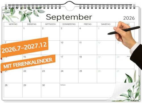Wandkalender 2026 2027,Kalender 2026/27 im A4 Querformat,30 x 21 cm | Monatskalender Familienplaner vom Juli 2026 bis Dezember 2027 für Zuhause oder Büro