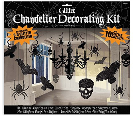 Amscan 248678-55 - Deko-Set Glitzer-Kronleuchter, 17-teilig, aus Papier und Folie, 9,1 bis 60,9 cm, Halloween, Horror-Party, Motto-Party, Schwarz