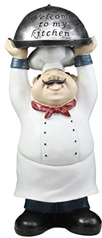 Gifts & Decors Ebros Master Bistro Chef Holding Melting Dome Tray Statue 35.6 cm Tall Head Cook with Welcome to My Kitchen Schild Decor Figur