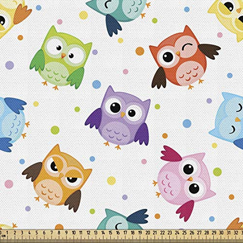 ABAKUHAUS Kindergarten Gewebe als Meterware, Eulen Gesicht Ausdrücke, Schön Gewebten Stoff für Polster und Wohnaccessoires, 1M (148x100cm), Pastel Mehrfarbig