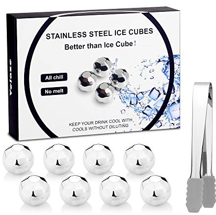 Velaze Whiskey Stones Diamond Shaped Set of 8 - High Cooling Technology, Reusable Ice Cubes, Stainless Steel Whiskey Ice Cubes - Whiskey Rocks with Freezer Storage Tray and Ice Tongs