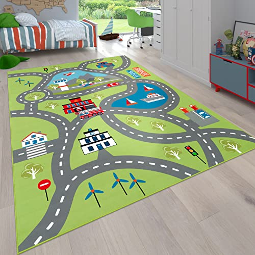 Paco Home Kinder-Teppich Für Kinderzimmer, Spiel-Teppich Mit Straßen-Motiv rutschfest In Grün, Grösse:Ø 160 cm Rund