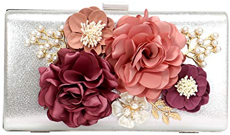 Santimon Damen Clutch Abendtasche Diamant Klein Unterarmtasche Umhängetasche mit Strass Kristall Kette Tasche Hochzeit Party Blume Silber