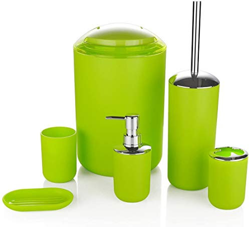 6 Pcs Plastic Bathroom Accessory Set Luxury Bath Accessories Bath Set Lotion Bottles, Toothbrush Holder, Tooth Mug, Soap Dish, Toilet Brush, Trash Can, Rubbish Bin (Green)