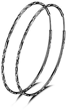 925 Sterling Silber Kreis Endless Creolen Ohrringe für Frauen Pistole Schwarz 60mm