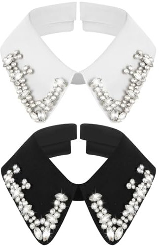 Geyoga Chemisier Demi-Chemise Strass 2 Faux Cols Dickey Amovibles, Blanc, Noir