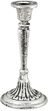 1 x Kerzenständer einarmig, für Tafel- & Stabkerzen, Kerzenleuchter Vintage, Kerzenhalter Gusseisen, HxD 19x9 cm, Silber