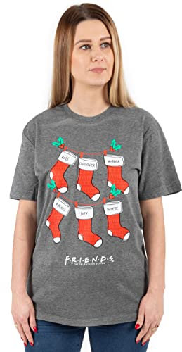 FRIENDS Christmas T-Shirt for Women | Ladies F.R.I.E.N.D.S TV Show Festive Stockings Grey Top | Short Sleeve Central Perk Xmas Outfit M