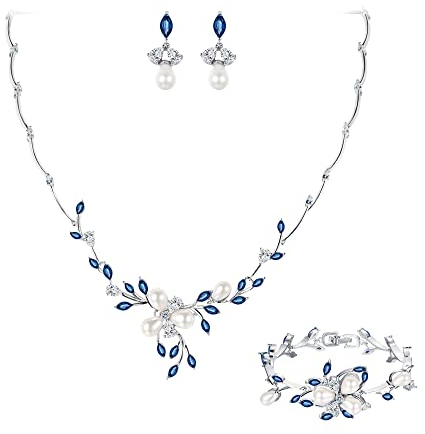 EVER FAITH CZ simulierte Perle Blume Blatt Filigrane Halskette Ohrringe Armband Set Blau Silber-Ton