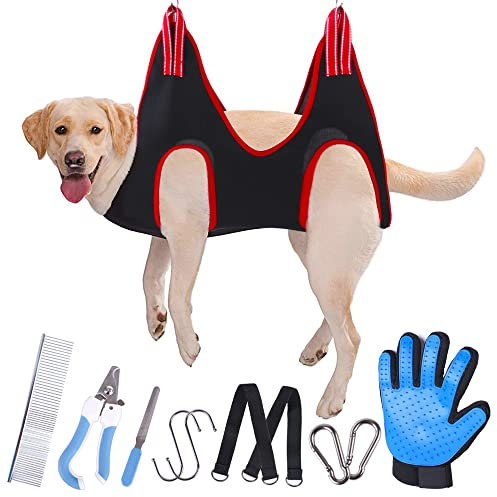 DZOZO Pet Dog Grooming Hammock Kit Pet Grooming Helper Dog Sling Hanging Harness Dog Grooming Hammock Harness Pet Supplies Kit with Nail Clippers Trimmer Pet Comb Dog Hammock Restraint Bag
