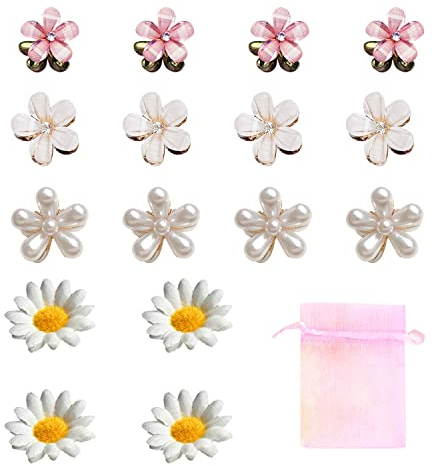 16 Stück Blumen-Haarspangen mit 1 Schnee-Gaze-Tasche, Mini-Blumen-Haarspangen, kleine Perlen-Haarspangen, Gänseblümchen-Haarspangen, süße Frisur-Accessoires, geeignet Hochzeit, tägliches Verkleiden