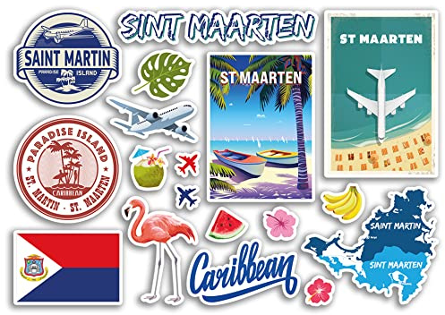 Feuille d'autocollants A5 en vinyle représentant les monuments de Saint Martin Caraïbes Plage St Martin Été Côte tropicale Flamant rose Airport Horizon Drapeau Voyage Vacances