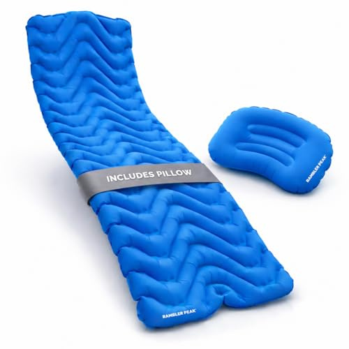 RAMBLER PEAK Inflatable Camping Mat with Pillow | Ultralight Sleeping Mat 190×58cm, 590g | Single Camping Mattress for Wild Camping, Backpacking, DofE & Hiking | Pillow Included | UK Brand