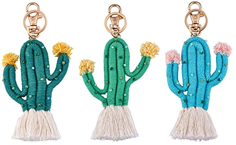 WEWAYSMILE 3 pcs Cactus Keychain, Handmade Bohemian Tassel Keyring, Weaving Cactus Keychain, for Women Purse Handbag Car Keys Ring (About 150 * 77mm)