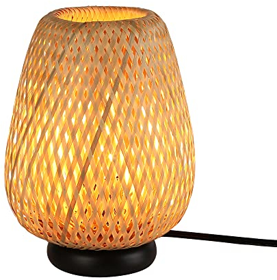 SUNLLOK Boho Nachttischlampe mit Holz sockel, Rattan Lampe kleine Tischlampe für Schlafzimmer, Vintage Bambus Lampenschirml leselampe Tisch Lampen Deko für Wohnzimmer, Kinderzimmer, Büro