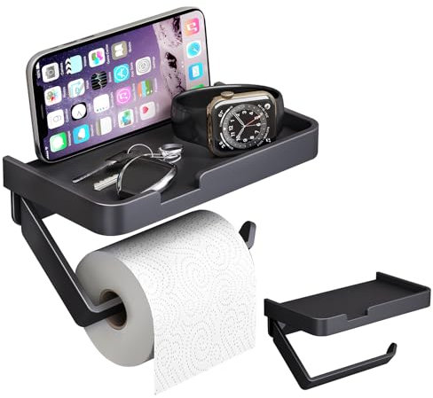 Self-Adhesive Black Toilet Roll Holder with Phone Shelf, No Drill Wall-Mounted Aluminium Alloy Toilet Paper Holder for Bathroom and Kitchen