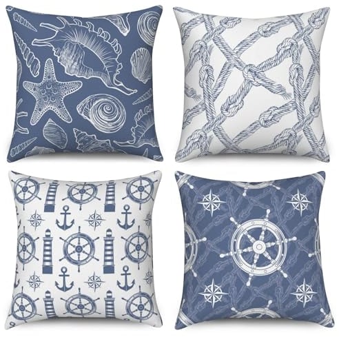 ASDCXZ Maritim Kissenbezug 45x45 cm 4er Set, Ozean Schale Anker Seekompass Blau Weiß Sofa Dekokissen Kissenbezüge Kissenhülle Waschbar Polyester Flachs Textil Outdoor Kopfkissenbezug Kissen Bezug