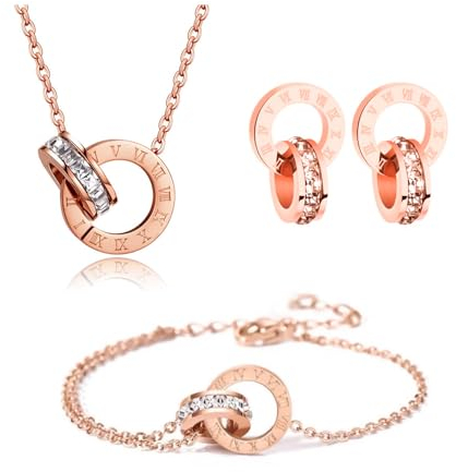 RPAEOY Schmuckset für Damen und Mädchen Zirkonia Edelstahl Römische Ziffern Kreis Anhänger Halskette Ohrringe Armband Set 18K Vergoldet Versilbert Schmuck Set Brautschmuck (Roségold)