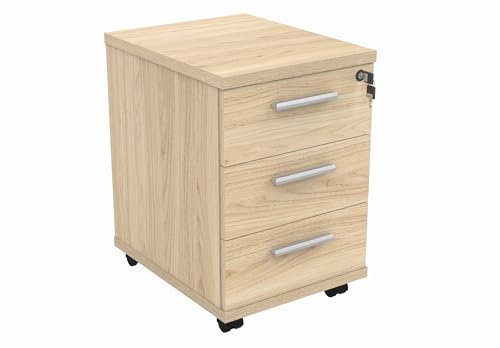 office hippo Strapazierfähiger Rollschrank mit 3 Schubladen, beweglicher Büroschrank mit abschließbarem Stauraum, Holz, Kanadische Eiche, 40,4 x 50 x 59,5 cm