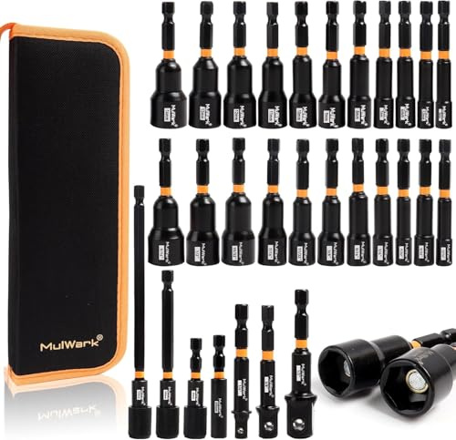 MulWark 29 Piece Magnetic Nut Driver Set, Impact Drill Socket Adapter, SAE, and Metric Nut Driver Set Includes Magnetic Bit Holder, Quick Release Extension with Storage Bag