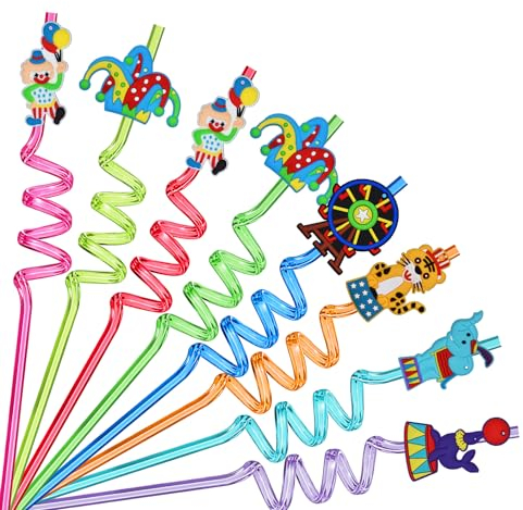 Ynaice 8 Stück Wiederverwendbare Trinkhalme, Zirkus Party Strohhalme Zirkus Tier Clown Kunststoff Strohhalm für Karneval Kinder Zirkus Geburtstag Party Kindergeburtstag Deko