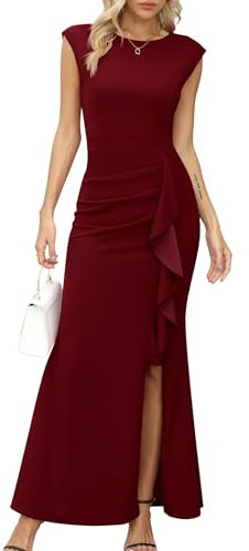 Missufe Robe de bal maxi pour femme - Robe de soirée - Manches ailées - Volants - Fente - Sirène - Bodycon - Mariage - Robe festive, bordeaux, M