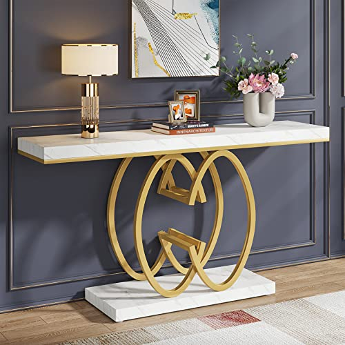 Tribesigns Table Console dorée de 140 cm, Table d'entrée Moderne avec Pieds en métal doré en Forme de Double C, Imitation marbre Blanc, Table d'entrée pour Salon, entrée, Couloir, Blanc et doré