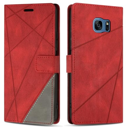 SONWO Handyhülle für Samsung Galaxy S7 Hülle, Premium PU Leder Handyhülle Wallet Silikon Schutzhülle Klapphülle für Samsung S7, Rot