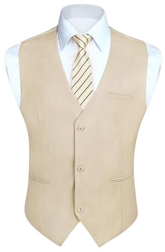 HISDERN Gilet Homme Costume Champagne Formelle Classique Élégante Sans Manche Couleur Unie Coton Gilets Mariage pour Hommes avec Poches M