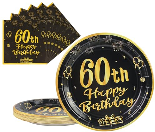 AHPYEUHK 9 Pouces Assiette Jetable 25 pcs & Serviette 25 pcs Decoration Anniversaire 60 ans Papier Jetable Noir Or Kit Dessert Vaisselle Jetable Femmes Hommes