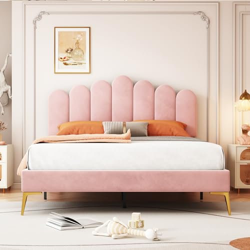 Cama Doble Tapizada 140 x 200 cm Con Cabecero y Somier - Marco de Invitados Para Adultos y Adolescentes en Tela Aterciopelada Agradable a la Piel (Rosa)