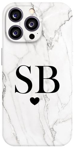 EKAM Personalised Case For iPhone 16, 15, 14, Pro, Max, Plus 13, 12, 11, X, XR, SE, 8, 7 - Fully Printed 3D Soft TPU Custom Cover Grey Marble Design - Your Initial Name Text (Initials Heart)
