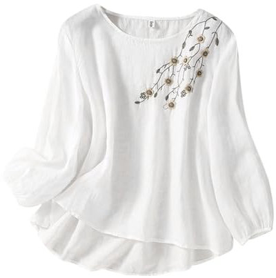 Damen Stickerei Bluse Bohemian Herbst Tunika Bestickte Folklore Blusen Hippie Blumenmuster Oberteil 3/4 Arm Lose Tops