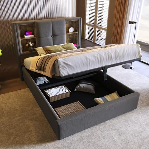Polsterbett 90x200, Kopfteil mit Staufach und USB Ladestation Kabelloses Ladegerät, Einzelbett mit Stauraum und Lattenrost, Hydraulisch Stauraumbett Funktionsbetten Bettgestell, ohne Matratze, Grau