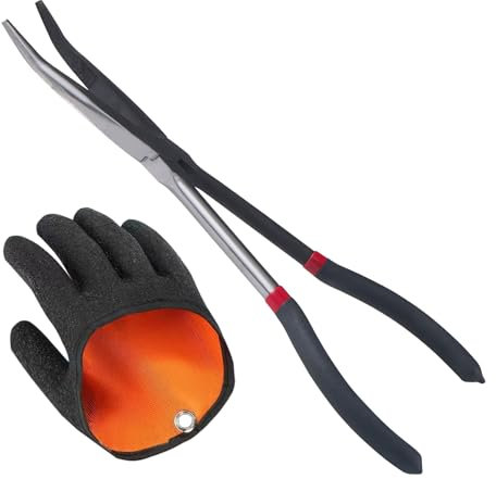 ZIGefofo 1 Pezzi Pinza da Pesca Curva 28 cm con 1 Mano Destra Guanti da Pesca Accessori da Pesca Pinza per Slamare Prendere i Pesci Pinze Utensili per Rilasciare Ami, Siluri, Lucci, Pesca