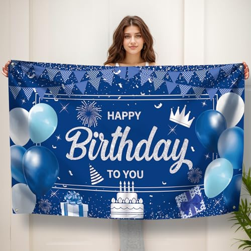 Koliphy Happy Birthday Banner, Geburtstag Deko Banner, Geburtstagsdeko für Männer Frauen, Handgehalten Stoff Geburtstagsbanner Dekoration für Drinnen und Draußen(Blau Silber)