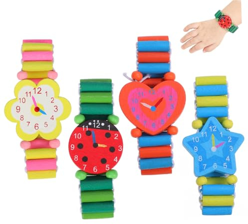 JEWEDECO 4 Stück Kinderarmband Kinder holzspielzeug Kinder Armbanduhr Lernspielzeug für Kleinkinder Spielzeug Uhr für Kleinkinder Spielen Uhrenarmband aus Holz Armbanduhr Spielzeug Bambus