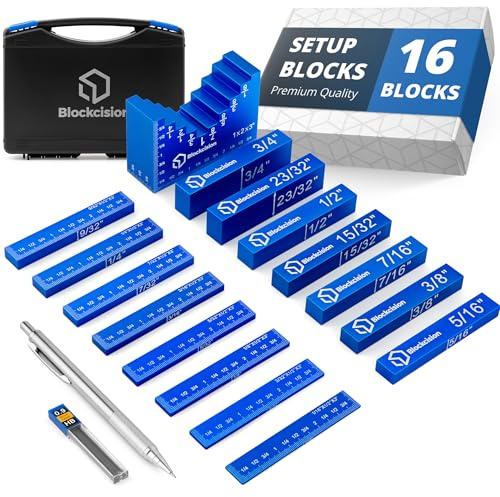 Blockcision Setup Blocks Holzbearbeitungswerkzeuge – 16 Blöcke – Höhenmesser-Block-Set mit einfachem Block, Präzisionslineal markierten Stangen und Koffer – Aluminium-Setup-Stangen für Oberfräse und