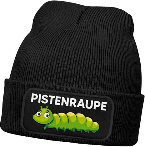 MoonWorks® Herren Beanie mit Patch Strickmütze mit Spruch Skifahren Aufdruck Pistenraupe Lustig Mütze Männer Schwarz Unisize