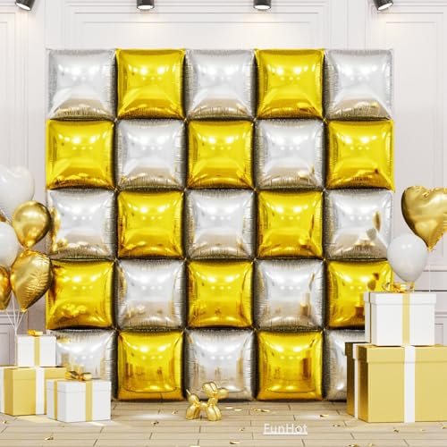 Gold and Silver Square Foil Balloon Wall,19 Inches Double Sided Chrome Square Balloons Tunnel Arch Kit for Bachelorette Anniversary,Graduation,Birthday Party Background Decoration