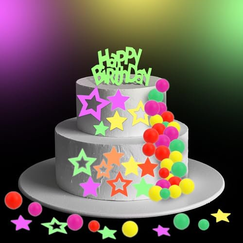 BOXOB 71pcs Glow Cake Toppers, Neon Star Ball Happy Birthday Cupcake Sprinkles Toppers for Glow Neon Birthday Wedding Black Light Reactive Party Supplies Decorations