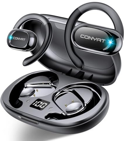 Conyat Auriculares Oreja Abierta, 58H Auriculares Deportivos Bluetooth 5.4, HiFi Estéreo Cascos Inalámbricos, Ganchos Giratorios para Orejas, Llamada ENC, IPX7 Impermeable para Fitness Correr, Negro