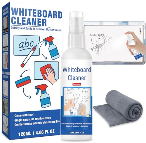 Whiteboard-Reiniger Spray 120ml mit Mikrofasertuch, Kraftvolle Entfernung von Whiteboardmarker-Flecken, Streifenfrei & Materialschonend – Zubehör für Schulen, Büros und Zuhause