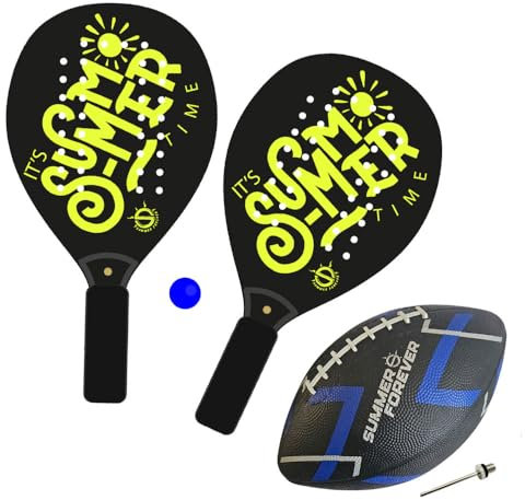 SACAR Kit de juego al aire libre – Par de palas de pádel con pelota + pelota mini rugby – ideal para tenis de playa, pádel, rugby y fútbol al aire libre