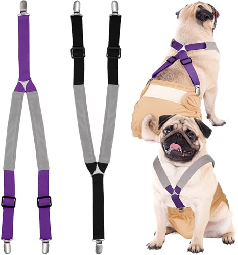 Saintrygo 2 Dog Suspenders Diaper Soft Adjustable, Black,Purple, Medium | Washable Pet Diaper Keeper Suspender, Prevents Slipping, Fits Doggy Skirt Dress Sanitary Pants Gift, Male and Female Dogs