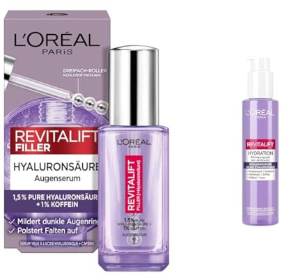 L'Oréal Paris Set: Revitalift Filler Augenserum mit 2,5% Hyaluronsäure + Koffein, 20 ml und Revitalift Hydration Reinigungsgel, beugt der Hautalterung vor und spendet Feuchtigkeit 150 ml