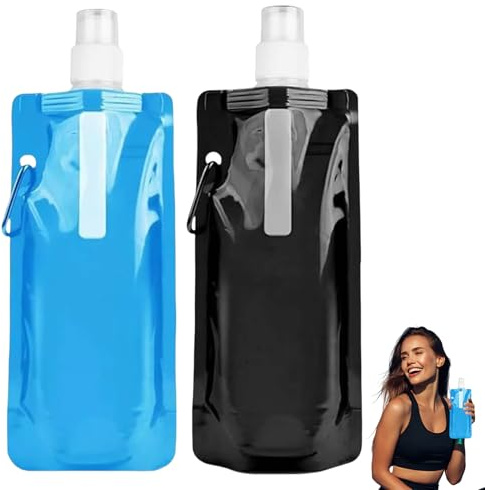 Lot de 2 gourdes pliables de 500 ml - Avec mousqueton - Sac à eau portable - Bouteille d'eau flexible pliable - Réutilisable - Pour festivals, randonnée, voyage, aventure