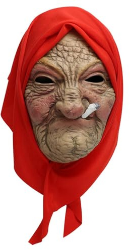 FSLLWGWG Halloween Old Lady Granny Maske,Maske für Erwachsene aus Latex,Realistische Alte Frau Rauchermasken mit rotem Kopftuch, Lustige Falten Cosplay Requisiten