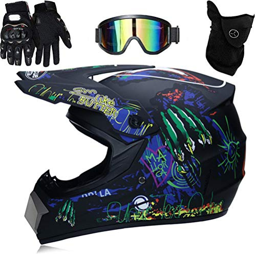 Casco Motocross Niño y Adultos, Casco Integral Niño, Casco Moto Cross Todoterreno con Gafas, Guantes y Máscara (S)