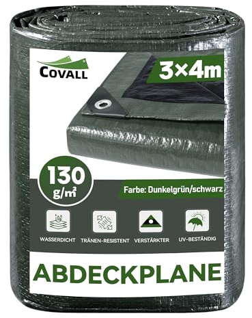 COVALL Abdeckplane 3x4m Grün Plane 130g/㎡ Wasserdicht UV-Schutz LKW Deck mit Loch Auge,Waterproof Tarpaulin,Windschutz & Kratzschutz Panel Garten,Motorrad,Hausarbeiter,Möbel und Outdoor-Geräte